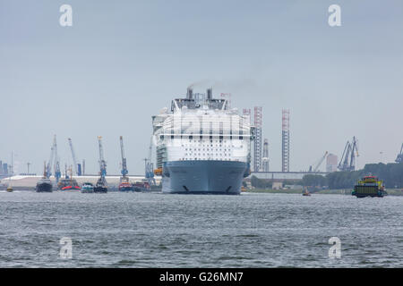 Weltweit größte Kreuzfahrtschiff verlässt Harmonie der Meere Hafen von Rotterdam Niederlande für den Rest seiner Jungfernfahrt Stockfoto