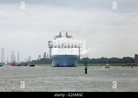 Weltweit größte Kreuzfahrtschiff verlässt Harmonie der Meere Hafen von Rotterdam Niederlande für den Rest seiner Jungfernfahrt Stockfoto