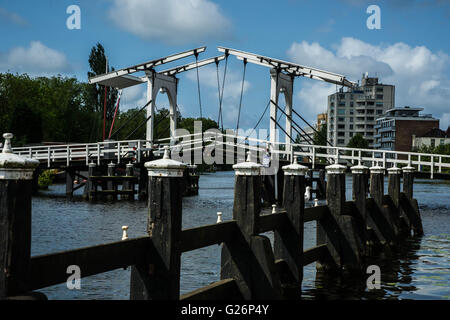 Eine typisch holländischen Stil Freischwinger Brücke über den Galgewater Kanal in Leiden Stockfoto