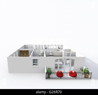 3D rendering Schrägansicht von dachlose eingerichtet Hause Apartment mit Balkon: Zimmer, Bad, Schlafzimmer, Küche, Wohnzimmer Stockfoto