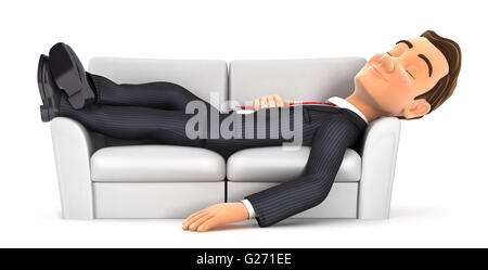 3D Geschäftsmann schlafen auf Sofa, isolierten weißen Hintergrund Stockfoto