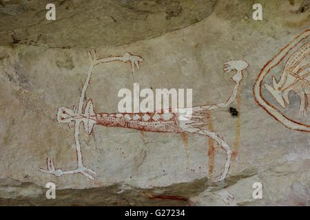 Alten Aborigines Höhlenmalereien bekannt als "Rock Art" finden Sie unter Mount Borradaile, West-Arnhemland, Northern Territory, Australien Stockfoto