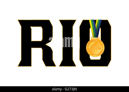 Die Stadt "RIO" in schwarz mit einer Goldmedaille hängen von der Art geschrieben. Stockfoto