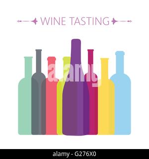 Weinprobe-Karte mit farbigen Flaschen auf einem weißen Hintergrund. Digitale Vektorgrafik. Stock Vektor