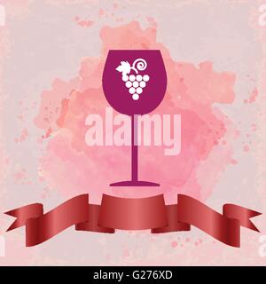 Verkostung Karte mit einem roten Glas Rotwein und Traubensaft zu unterzeichnen, über einen Hintergrund mit Wasserfarbe. Digitale Vektorgrafik. Stock Vektor