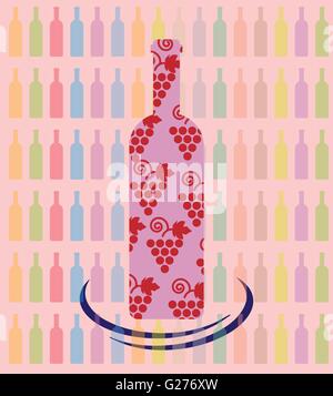 Wein Verkostung Karte, eine Flasche mit Trauben Schild über einem Hintergrund mit Muster aus farbigen Flaschen. Digitale Vektorgrafik. Stock Vektor