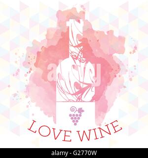 Wein Verkostung und Liebe Karte, weißen Flasche und Trauben Zeichen auf rotem Grund mit Wasserfarbe. Digitale Vektorgrafik. Stock Vektor