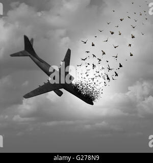 Flugzeug verschwinden und fehlenden Flug-Konzept als ein stürzen Absturz Flugzeug in den Himmel und die Transformierung in fliegende Vögel als Metapher für die Luftfahrt Tragödie mit 3D Abbildung Elemente zerfallen. Stockfoto