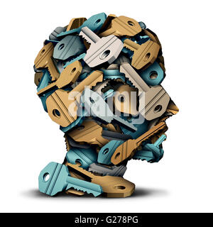 Schlüsselbegriff Kopf als eine Gruppe von 3D Abbildung Tasten zusammen gruppiert in Form eines menschlichen Gesichts als Sicherheit Lösung und Intelligenz Metapher. Stockfoto