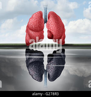 Lung-Health-Konzept als gesunde Lungen casting eine Spiegelung im Wasser eines ungesunden menschlichen Organs als medizinische Metapher für Herz-Kreislauf-Erkrankungsrisiko mit 3D Abbildung Elemente. Stockfoto