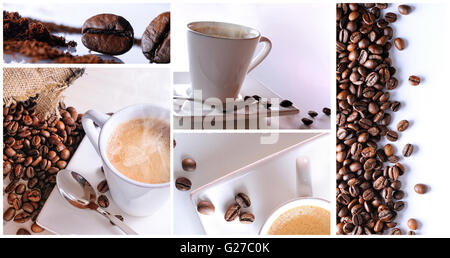 Moderner Kaffee collage mit weißem Hintergrund aus verschiedenen Blickwinkeln Stockfoto