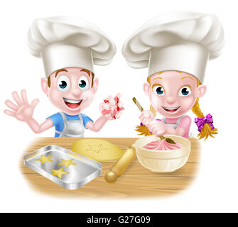 Cartoon Chef Kinder backen Kuchen und Kekse Stockfoto