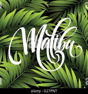 Malibu California Handschrift Schriftzug auf dem Palm Leaf tropischen Hintergrund. Vektor-illustration Stock Vektor