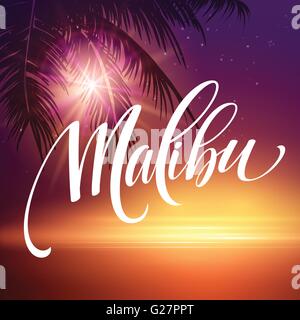 Malibu California Handschrift Schriftzug auf dem Palm Leaf tropischen Hintergrund. Vektor-illustration Stock Vektor