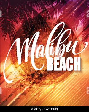 Malibu California Handschrift Schriftzug auf dem Palm Leaf tropischen Hintergrund. Vektor-illustration Stock Vektor