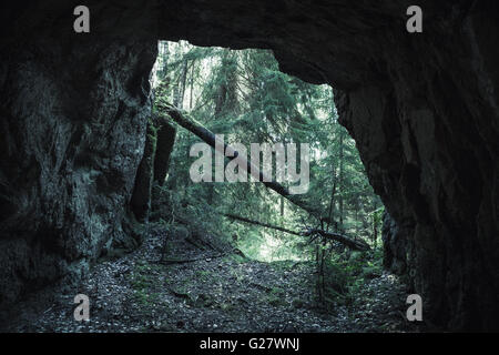 Ausfahrt in den Wald aus dem dunkel felsige Höhle, dunkle Grünfilter tonalen Korrektur Stockfoto