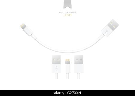 Satz von USB-Schnittstellenkabel isoliert auf weißem Hintergrund. Vektor-Icons 3D-Design von universellen seriellen Bus. Computer-Peripherie-conn Stock Vektor