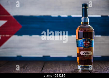 Havanna, Kuba - 23. Mai 2016: Flasche Havana Club Rum. Gegründet im Jahre 1878 in Kuba, ist Havana Club der Welt Nr. 3 internation Stockfoto