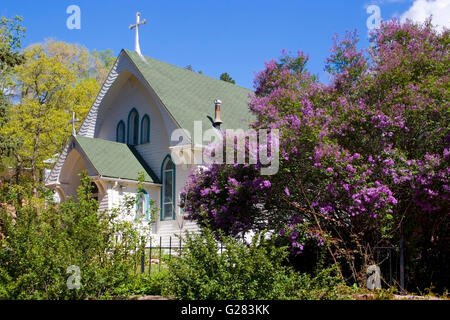 Schönen viktorianischen Stil Kirche in Manitou Springs lila Büschen und Bäumen umgeben Stockfoto