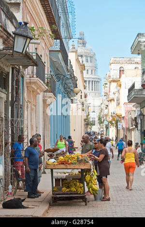 Eine typische Straßenansicht in der Altstadt von Havanna mit dem National Capitol Gebäude im Hintergrund. Stockfoto