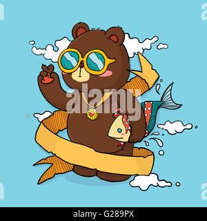 Vektor-Illustration der niedliche Bären, der Fisch als Geschenk-Cartoon-Figur mit Schleife für Platz Text hält. Für Grußkarte Stock Vektor