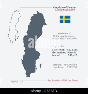 Königreich Schweden isoliert Karten und offizielle Flaggen-Symbol. Vektor-schwedische politische Kartensymbole mit allgemeinen Informationen. Schwede geogr Stock Vektor