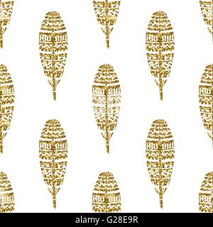 Nahtlose wiederholendes Muster mit reich verzierten Goldglitter Federn auf cremefarbenen Hintergrund. Stock Vektor