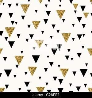 Abstrakte nahtlose wiederholendes Muster mit Dreiecken in gold-Glitter und schwarz auf cremefarbenen Hintergrund. Stock Vektor