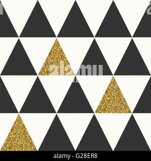 Abstrakte nahtlose wiederholendes Muster mit Dreiecken in gold-Glitter und schwarz auf cremefarbenen Hintergrund. Stock Vektor