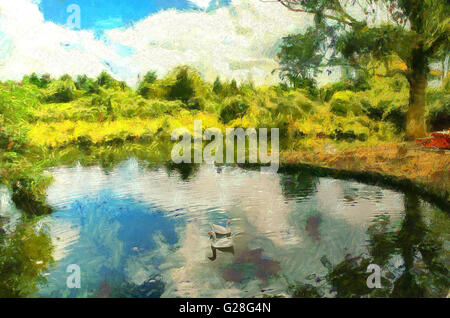 Digitale Malerei eine idyllische Szene von Enten in einem Teich, umgeben von üppiger Vegetation und einem Himmel voller Wolken Ala Monet Stockfoto