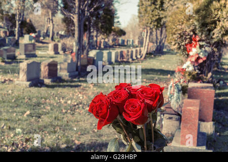 Strauß roter Rosen in einer Vase auf einem Friedhof, mit einem Retro-Fading-Effekt Stockfoto