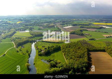 Luftaufnahme, Hotel Restaurant Zur Lärm-Burg an der Lippe, pflegt, Lippe Lippeauen, Lippe Kurs, Münsterland Landschaft, Stockfoto