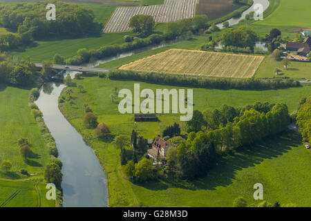 Luftaufnahme, Hotel Restaurant Zur Lärm-Burg an der Lippe, pflegt, Lippe Lippeauen, Lippe Kurs, Münsterland Landschaft, Stockfoto