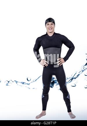 Zusammengesetztes Bild des Porträts von zuversichtlich Schwimmer im Neoprenanzug Stockfoto