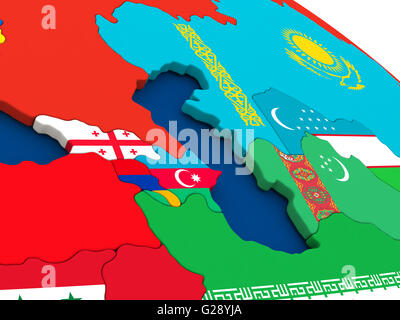 Karte der Kaukasus-Region auf Globus mit eingebetteten Flaggen der Länder. 3D Illustration. Stockfoto