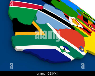Karte von Südafrika auf Globus mit eingebetteten Flaggen der Länder. 3D Illustration. Stockfoto