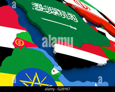 Karte von Jemen, Eritrea und Dschibuti auf Globus mit eingebetteten Flaggen der Länder. 3D Illustration. Stockfoto