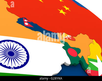 Karte von Nepal und Bhutan auf Globus mit eingebetteten Flaggen der Länder. 3D Illustration. Stockfoto