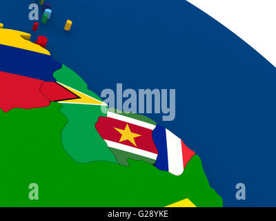 Karte von Guyana, Suriname und Französisch-Guayana auf Globus mit eingebetteten Flaggen der Länder. 3D Illustration. Stockfoto