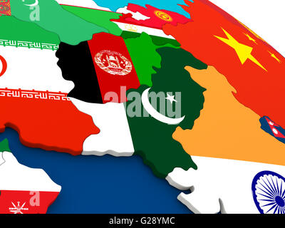 Karte von Afghanistan und Pakistan auf Globus mit eingebetteten Flaggen der Länder. 3D Illustration. Stockfoto