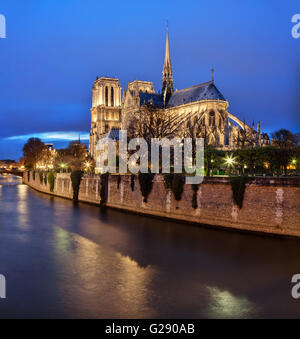 Paris, Frankreich: Kathedrale Notre-Dame in der Abenddämmerung mit Seineufer im Vordergrund Stockfoto