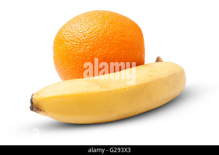 Eine Orange und Banane isoliert auf weißem Hintergrund Stockfoto