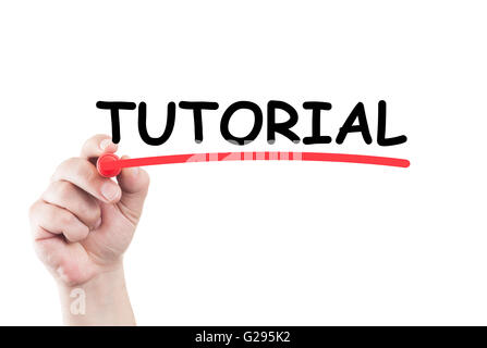 Wort-Turorial handschriftlich unter Verwendung eines Marker und unterstreichen auf transparente wischen Brett mit weißem Hintergrund und Textfreiraum Stockfoto