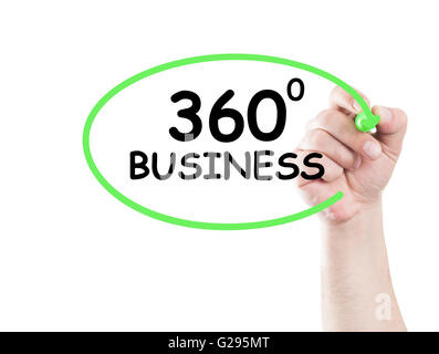 Zeichnen Sie 360 Geschäftskonzept an transparenten weißen Tuch Tafel mit einer Hand hält eine Markierung Stockfoto