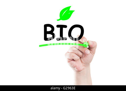 Bio-Konzept Text schreiben auf transparente wischen Brett von Hand mit einem marker Stockfoto