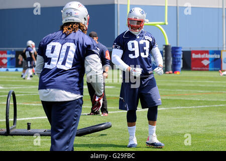 Donnerstag, 26. Mai 2016: New England Patriots defensive end Jabaal Sheard (93) und New England Patriots defensive Lineman Malcolm Brown (90) an der New England Patriots organisierten Team-Aktivitäten auf dem Übungsplatz im Gillette Stadium in Foxborough, Massachusetts statt. Eric Canha/CSM Stockfoto