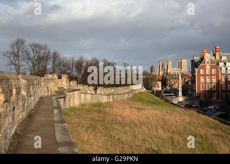 Die Stadtmauer mit dem Münster im Hintergrund, York, Yorkshire, England, UK Stockfoto