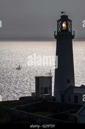 South Stack Leuchtturm, Anglesey, in den späten Abend Sonne. Kleine Yacht auf dem Meer im Hintergrund Stockfoto