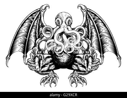 Ein original-Illustration von einem Cthulhu-Monster in einem Holzschnitt-Stil Stockfoto