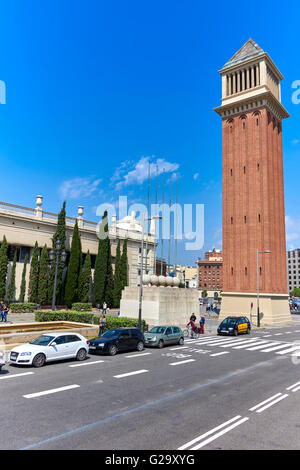 Plaça d ' Espanya, auch bekannt als Plaza de España in Spanisch, ist einer der wichtigsten Plätze Barcelonas Stockfoto